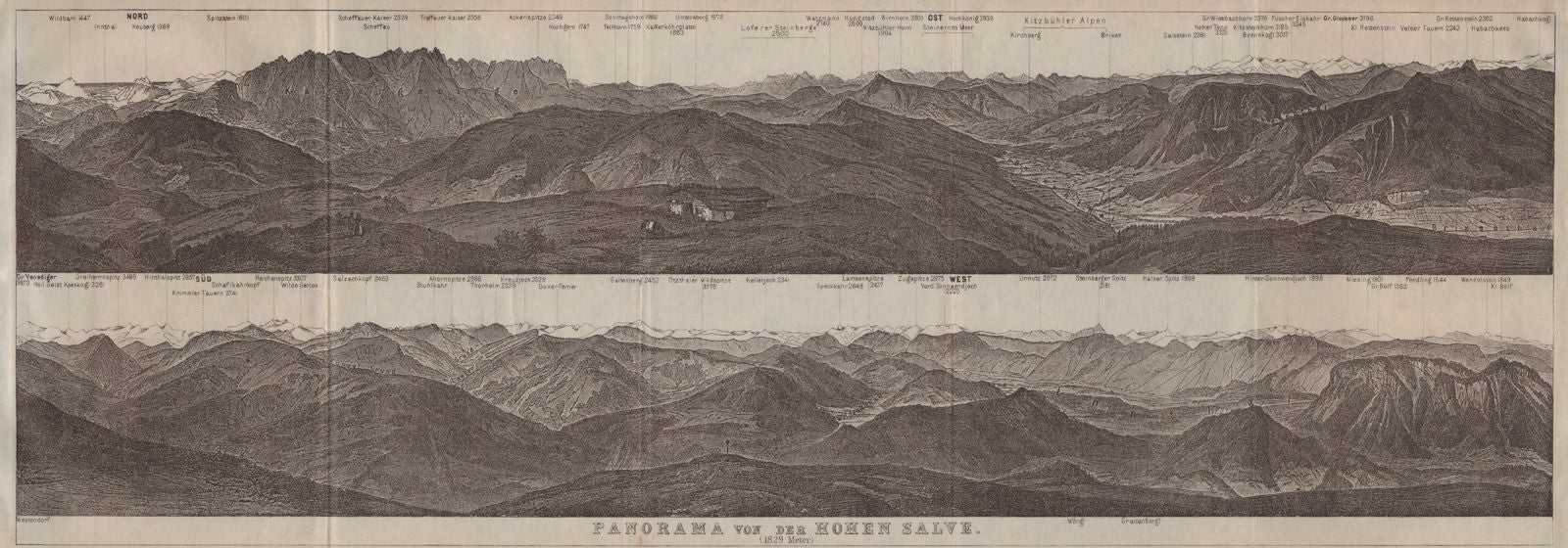 PANORAMA from/vom HOHEN SALVE. Kitzbühler Alpen Tirol Österreich karte 1923 map